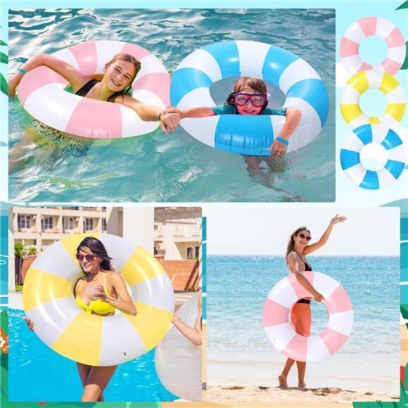3 PCS 39.4 Inch Jumbo Swimming Ring with Fun Prints Striped Pool Floats Pool - Picture 6 of 8